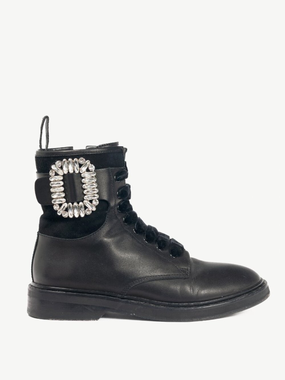 Roger Vivier Viv' Rangers Black Leather & Suede Strass-Buckle Combat Boots